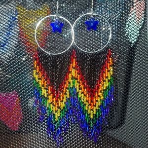 Hand Beaded crystal star rainbow fringe earrings